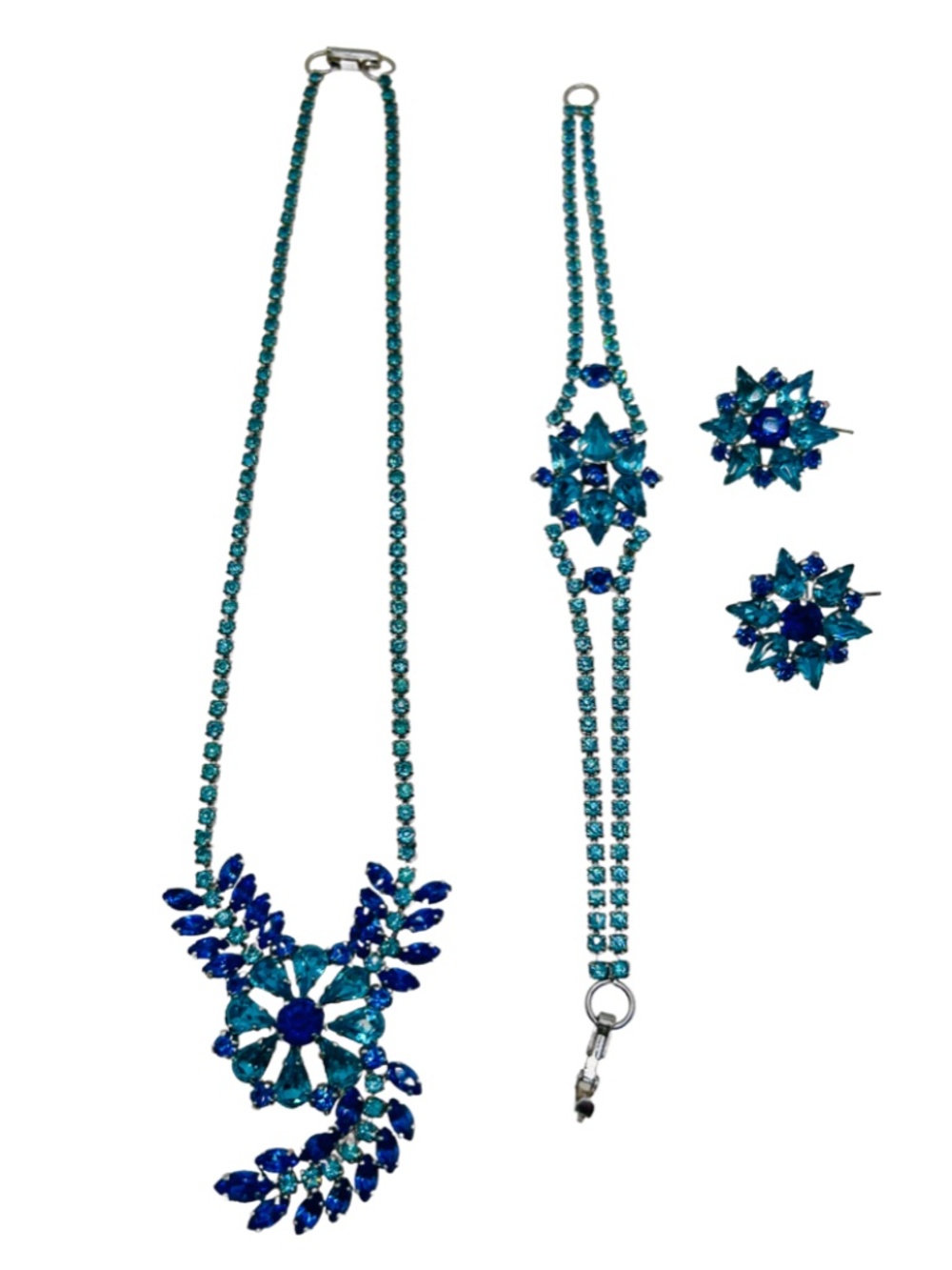Jay Flex Sterling Jewelry Set Necklace, Bracelet, Pierced Earrings Blue Silver